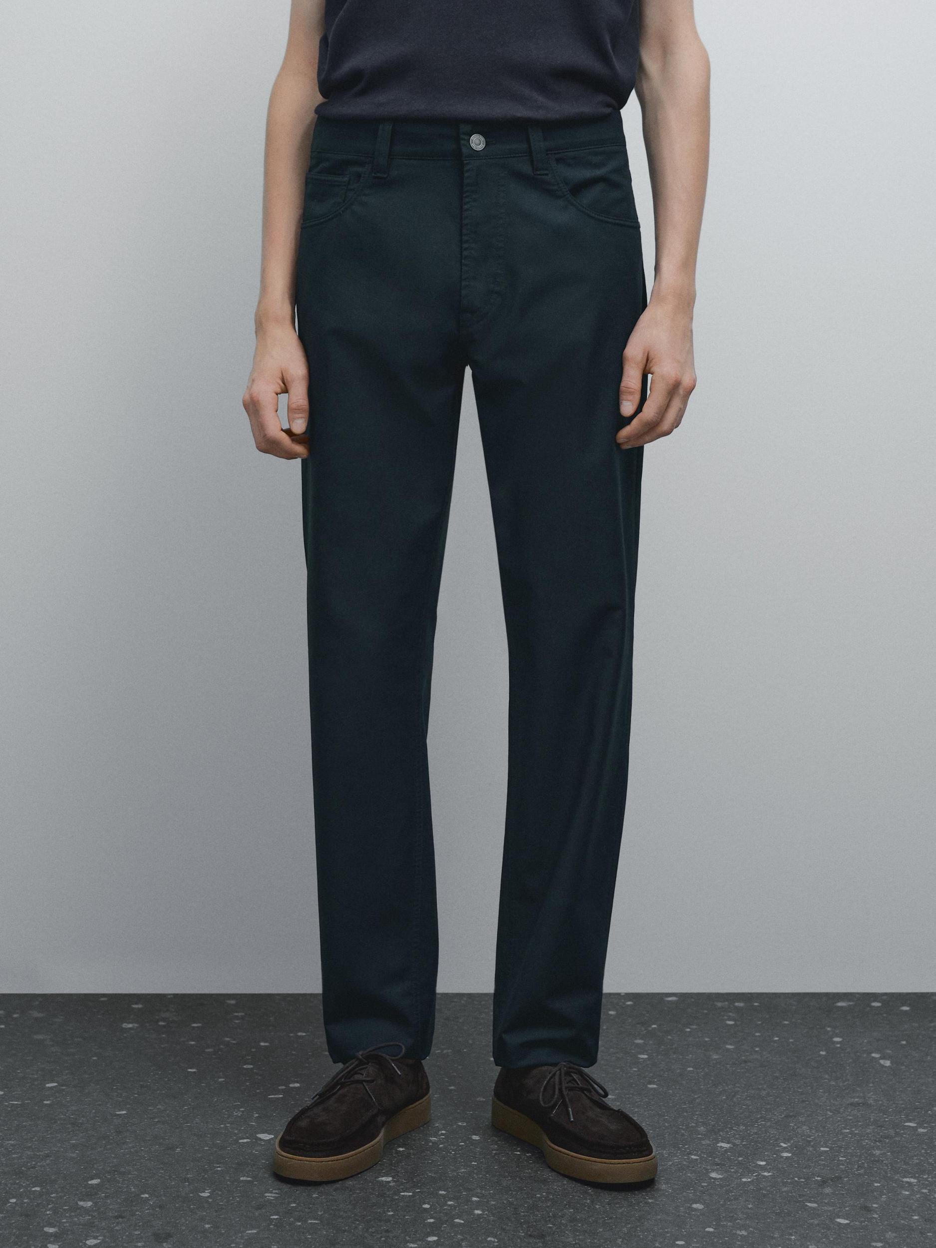 Lightweight tapered fit denim-effect trousers Product Image