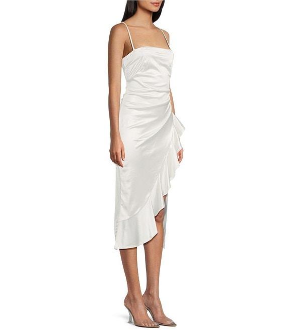 Honey and Rosie Satin Spaghetti Straps Pleated Ruffle Detail Midi Dress Product Image