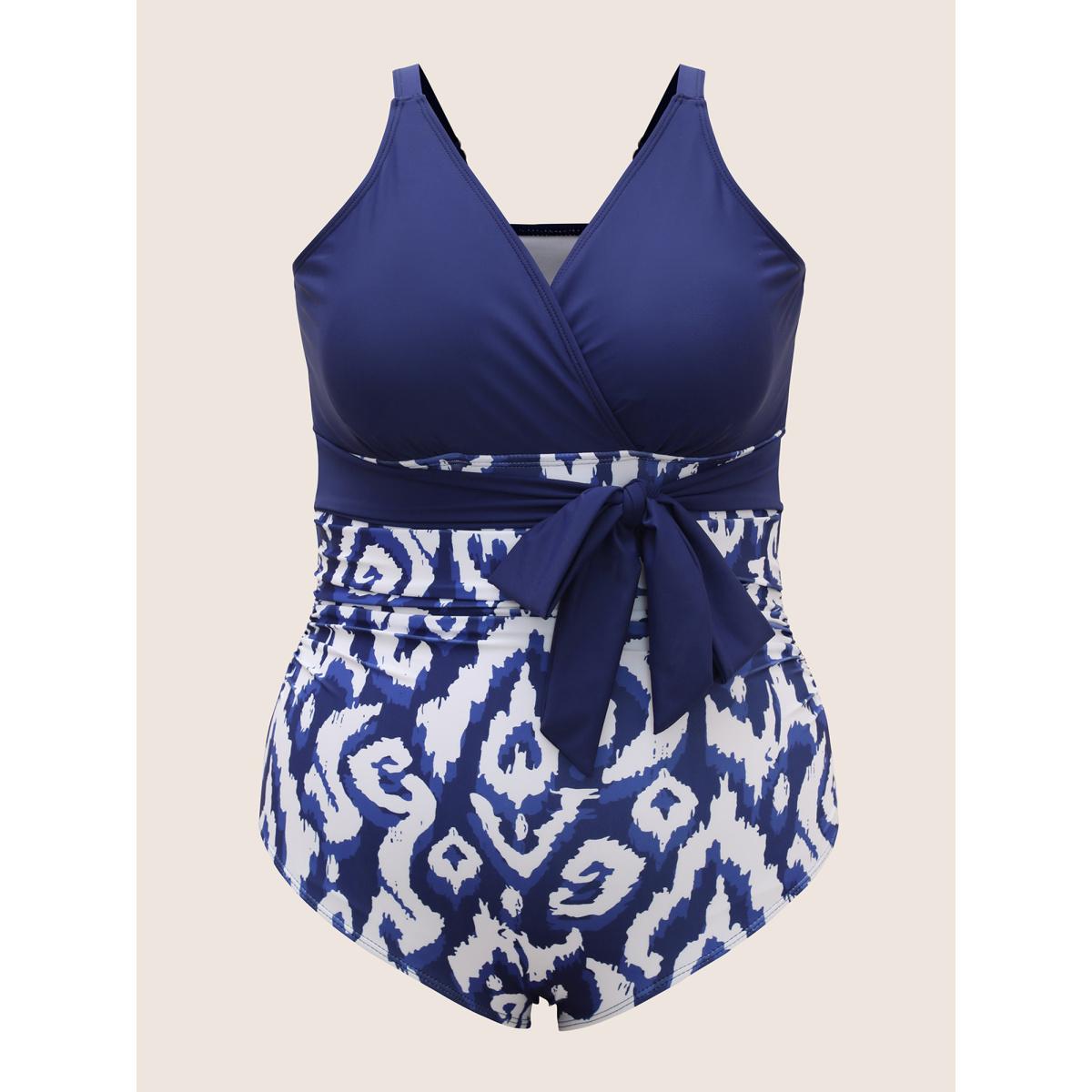 Plus Size Overlap Collar Boho Print Tie Knot One Piece Swimsuit Women's Swimwear DarkBlue Beach Tie knot Curve Bathing Suits High stretch One Pieces BloomChic 22-24/3X Product Image