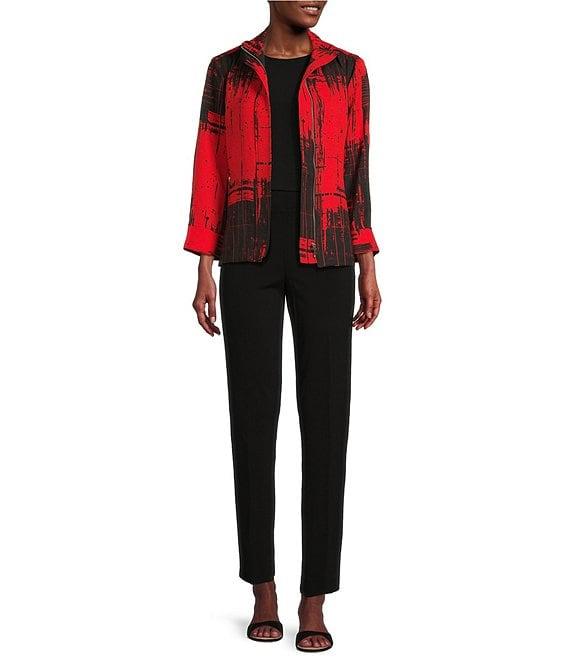 Ali Miles Abstract Print Soft Collar 3/4 Sleeve Zip-Up Jacket Product Image