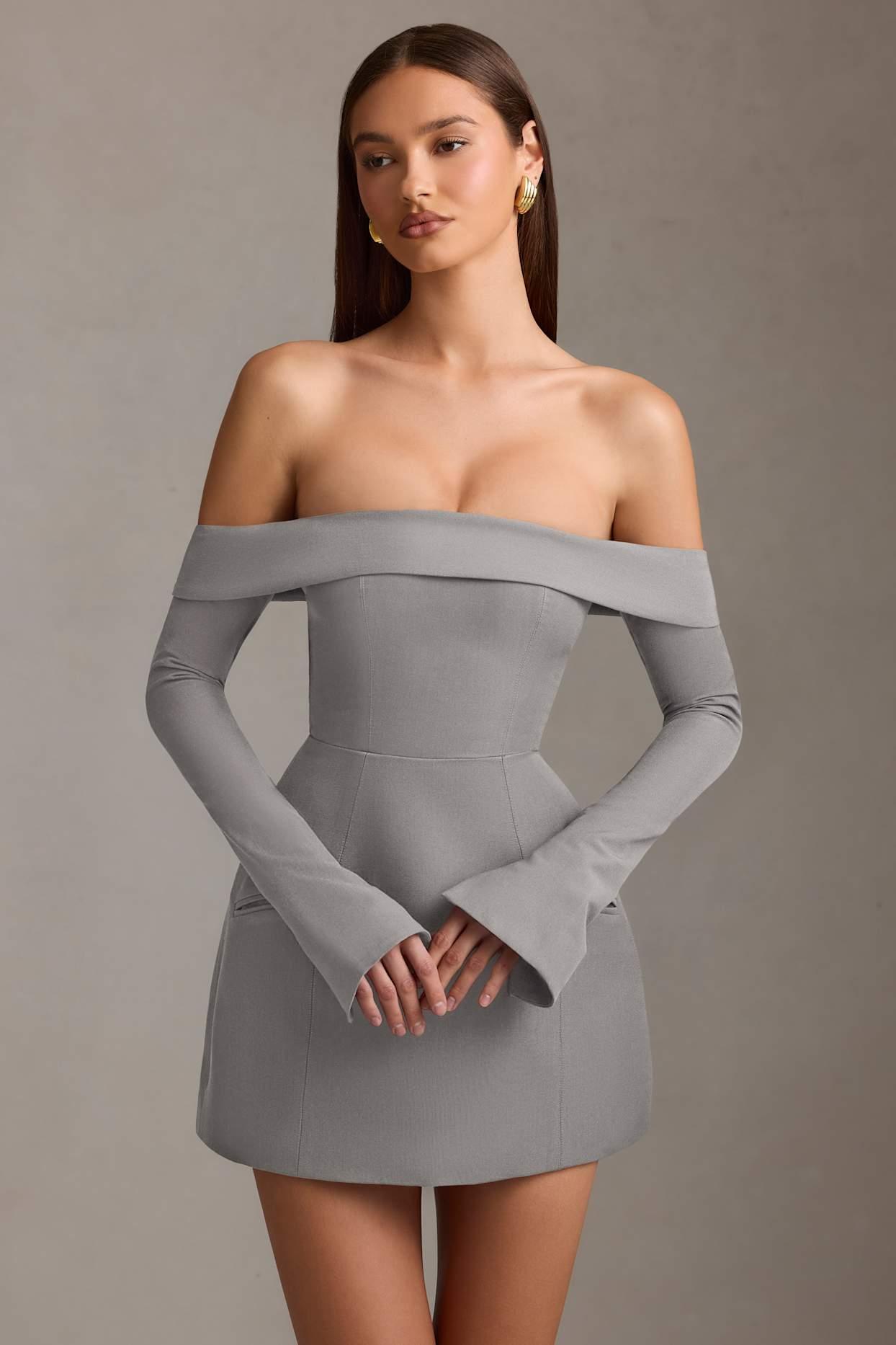 Off-Shoulder Structured A-Line Mini Dress in Grey Product Image