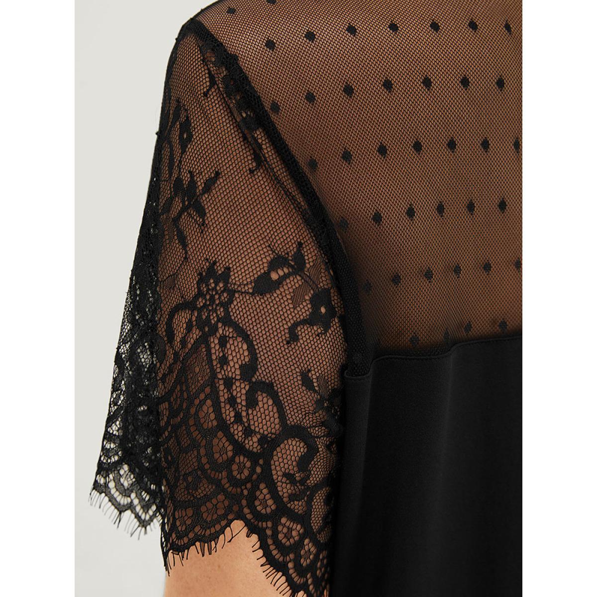 Plus Size Plain Pocket Lace Mesh Patchwork Dress Black Women Elegant Patchwork Round Neck Short sleeve Curvy Midi Dress BloomChic 18-20/2X Product Image