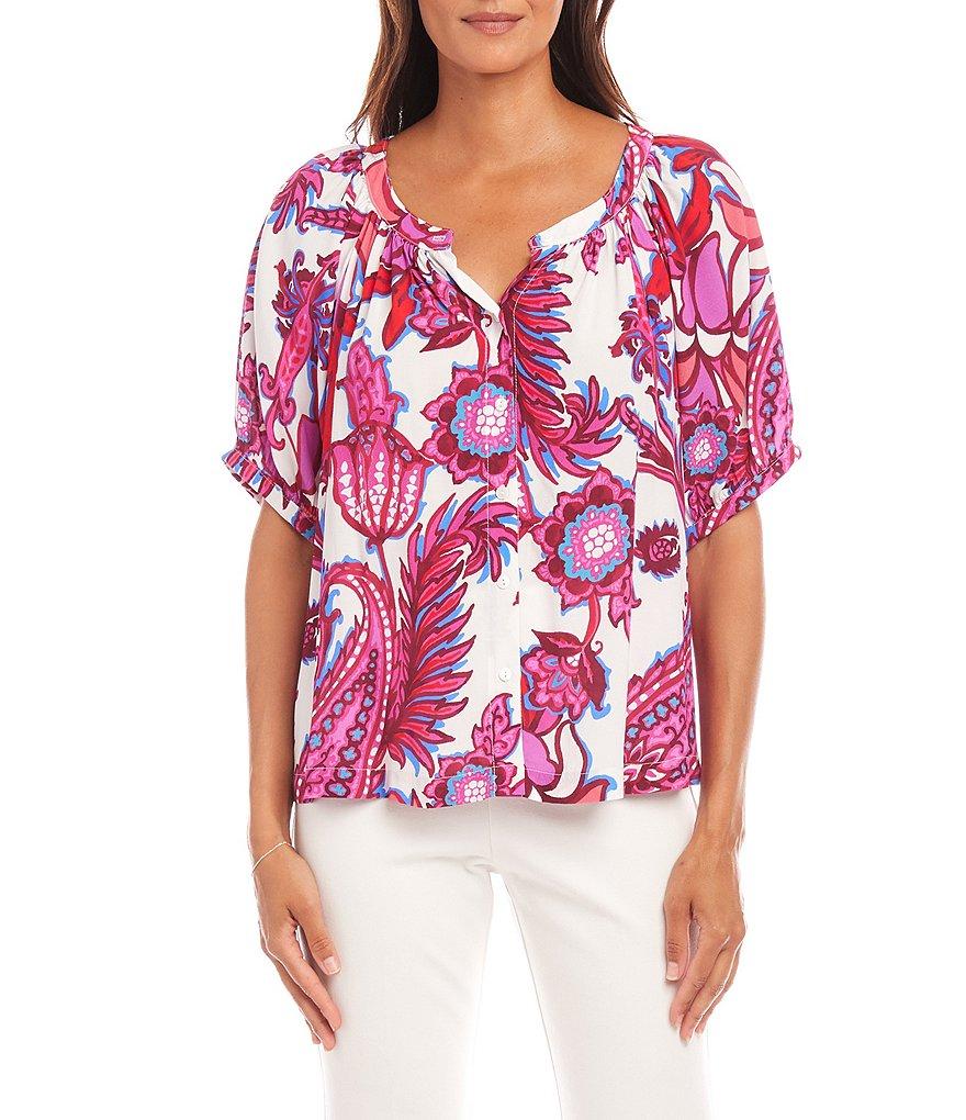 Karen Kane Scoop Neck Short Sleeve Print Peasant Top Product Image