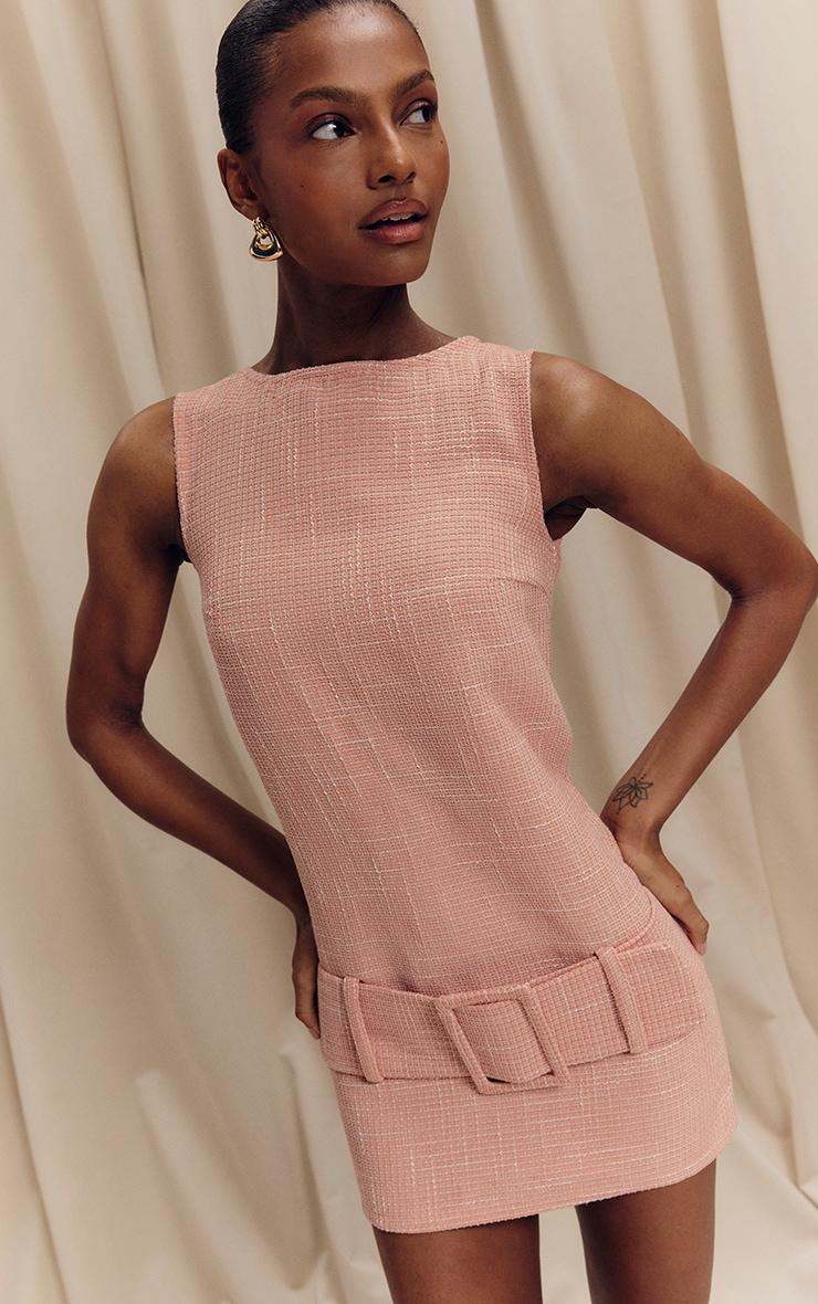 Peach Boucle Oversized Low Belt Shift Dress Product Image