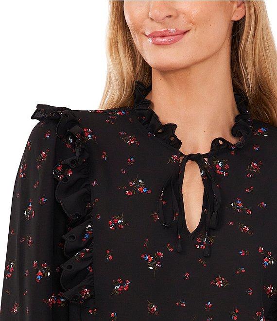 CeCe Woven Floral Print V-Neck Long Puff Ruffle Sleeve Blouse Product Image