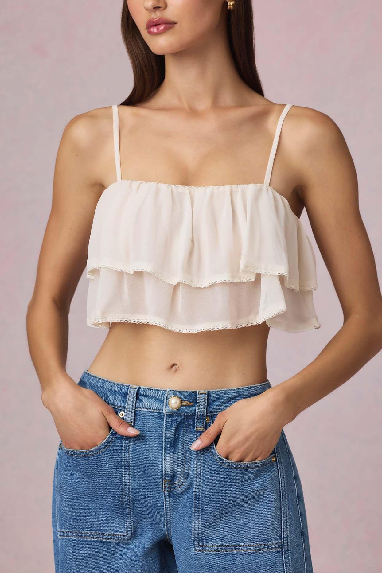 Ruffled Cropped Camisole Top in Ivory Product Image