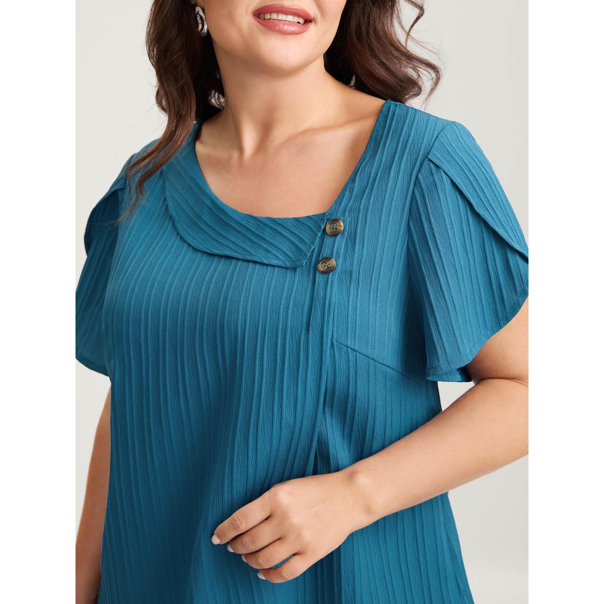 Plus Size Cerulean Textured Petal Sleeve Asymmetrical Neck Blouse Women Office Short sleeve Non Office Blouses BloomChic 30/6X Product Image