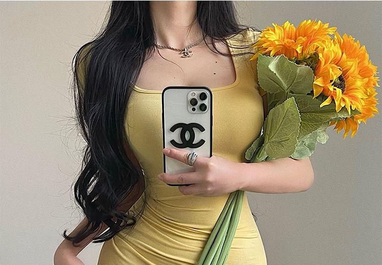 Short-Sleeve Square-Neck Plain Midi Mermaid Dress (Various Designs) Product Image