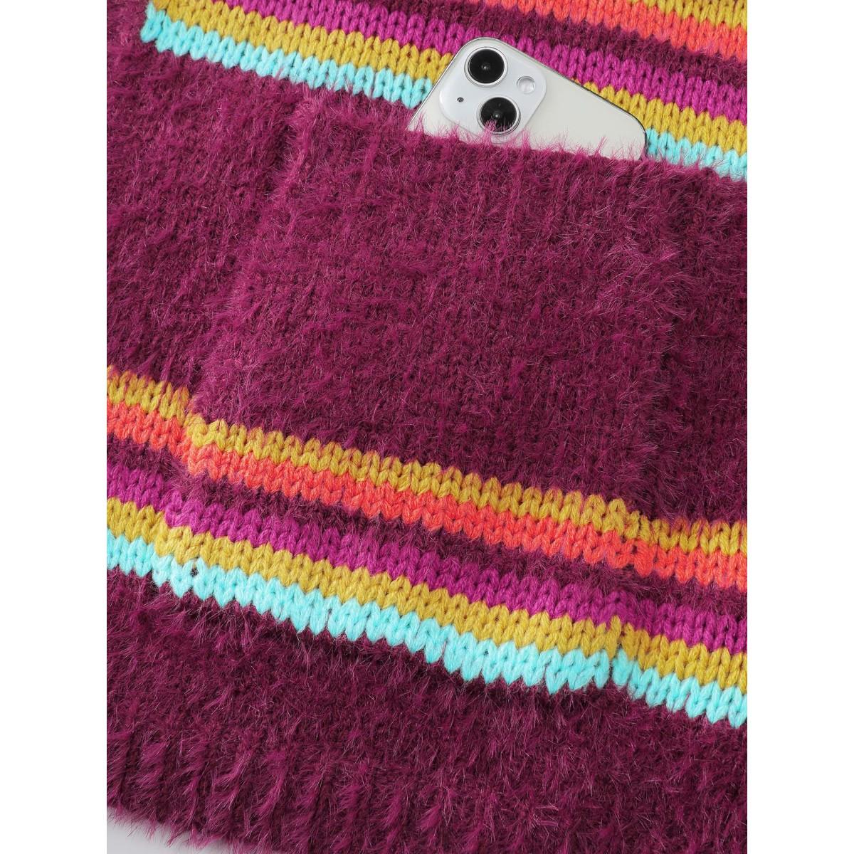 Plus Size Colorful Stripe Furry Textured Knit Cardigan Scarlet Women Playful Loose Long Sleeve Casual Cardigans BloomChic 28/5X Product Image