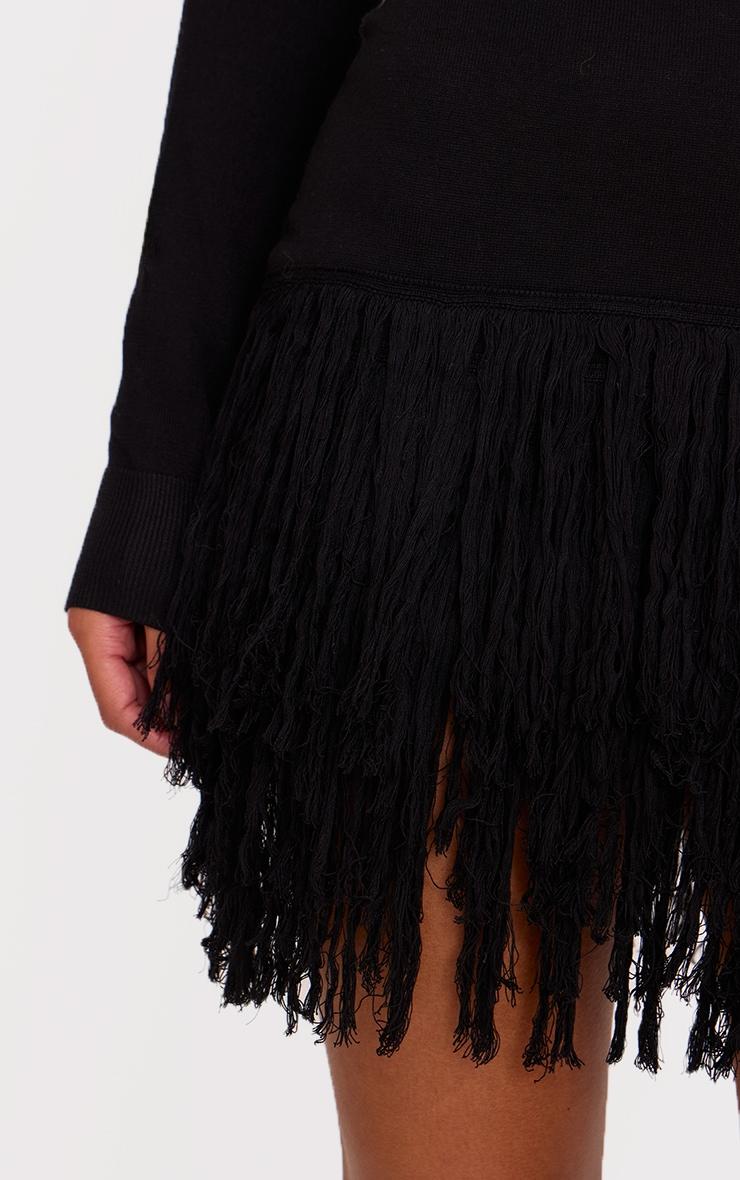 Black Fine Knit Fringe Hem Long Sleeve Micro Mini Dress Product Image