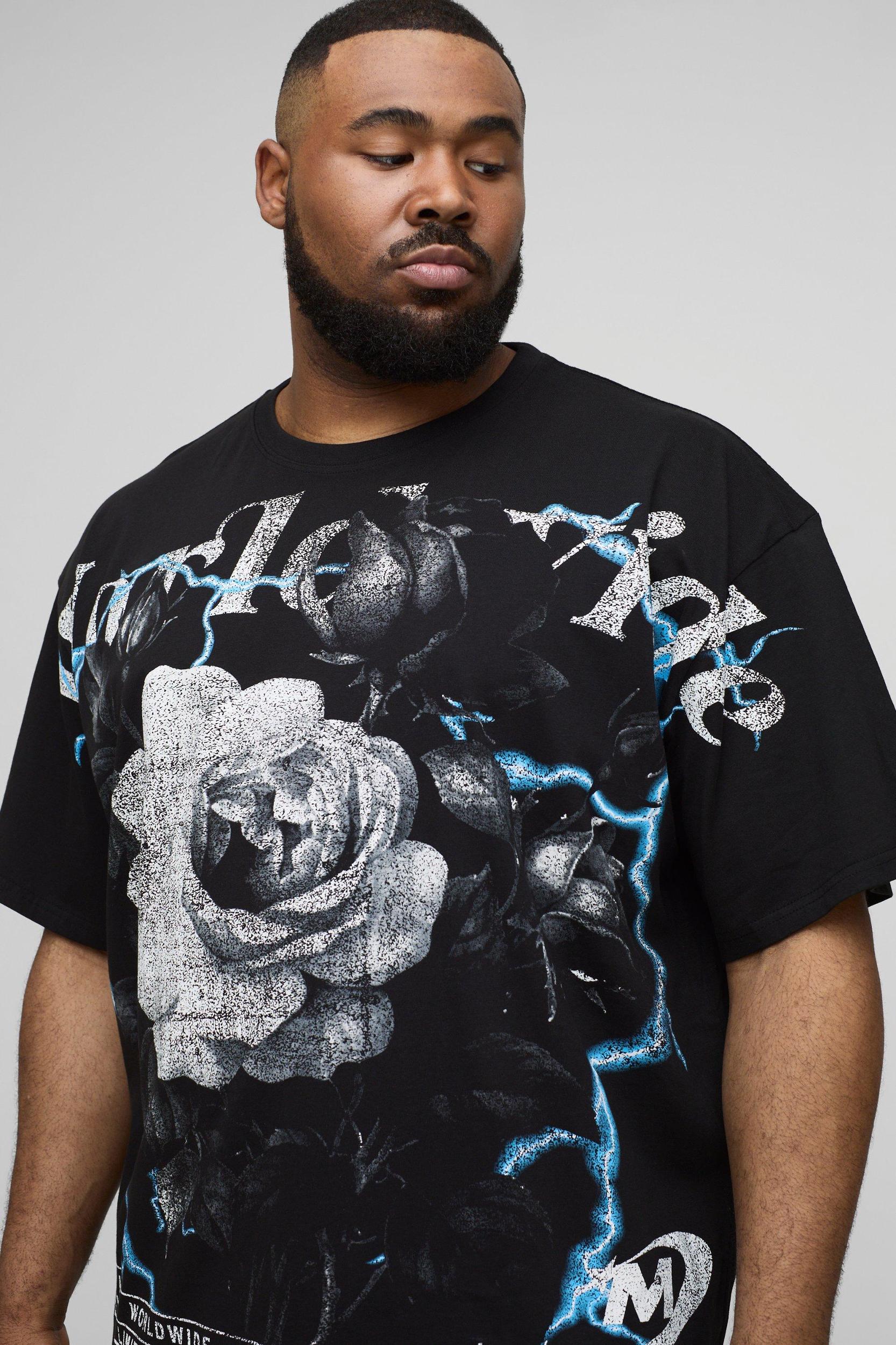 Plus Oversized Worldwide Floral Over The Seam Print T-Shirt | boohooMAN USA Product Image