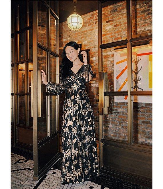 Betsy & Adam Metallic Crinkle Long-Sleeve V-Neck Floral A-Line Gown Product Image