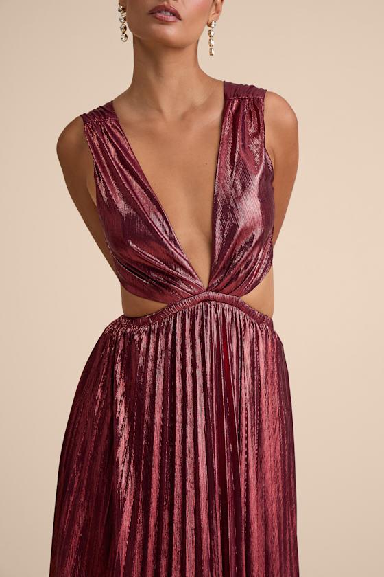 Shining Luxury Wine Red Metallic Lurex Cutout Maxi Dress Product Image