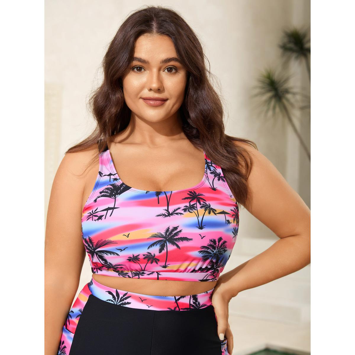 Plus Size Two-Piece Tropical Print Contrast Swim Top Women's Swimwear Black Resort Contrast High stretch Bodycon U-neck Curve Swim Tops BloomChic 18-20/2X Product Image
