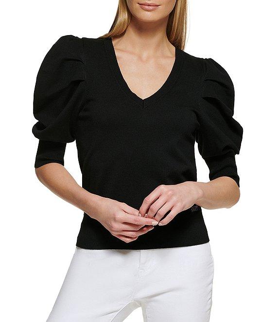 DKNY by Donna Karan Short Pleated Puffed Elbow Sleeve V-Neck Knit Top Product Image