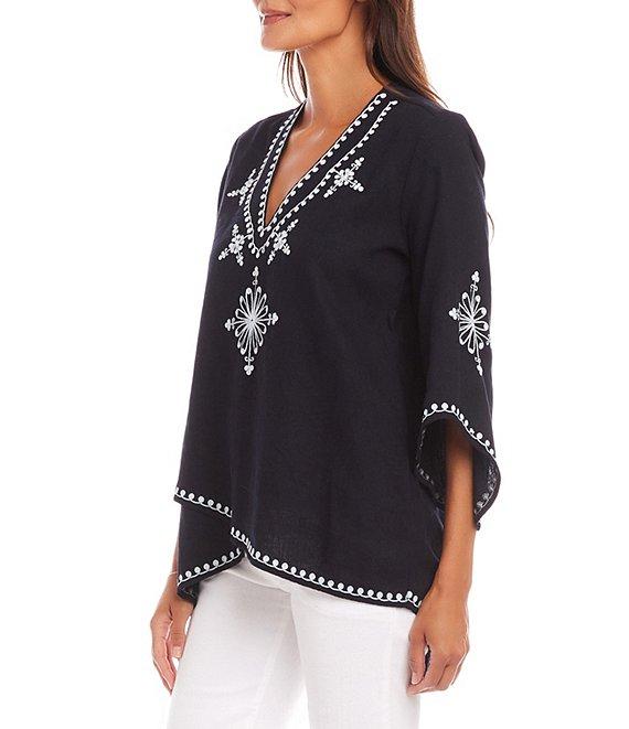 Karen Kane Embroidered V-Neck 3/4 Flare Sleeve Asymmetrical Top Product Image