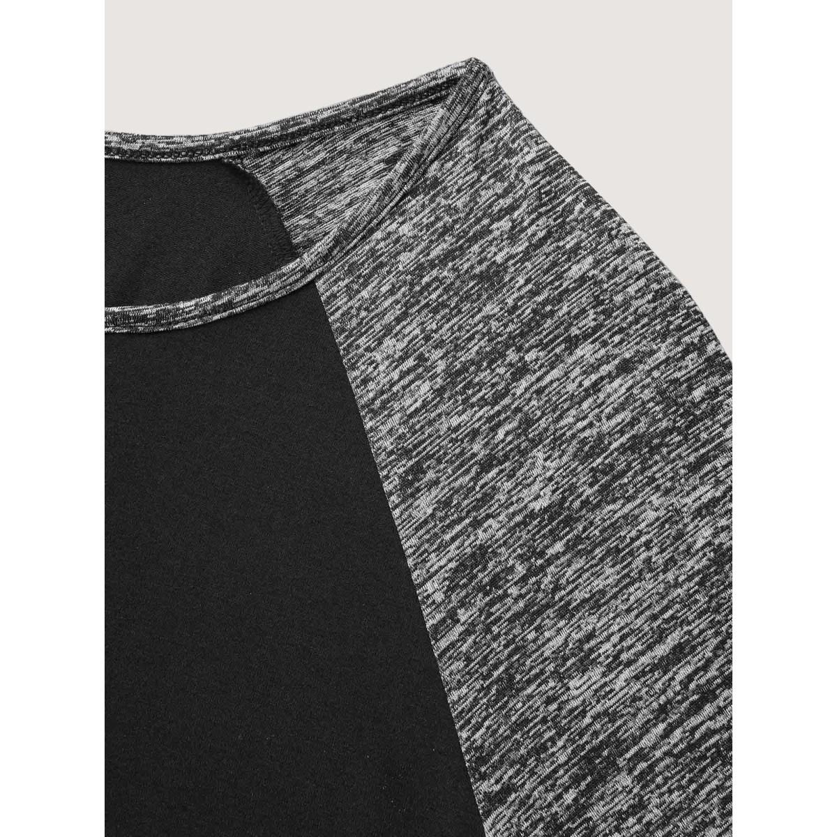 Plus Size Heather Patchwork Button Detail Stretchy T-Shirt Black Women Casual Contrast Flat collar with V-notch Everyday T-shirts BloomChic 22-24/3X Product Image