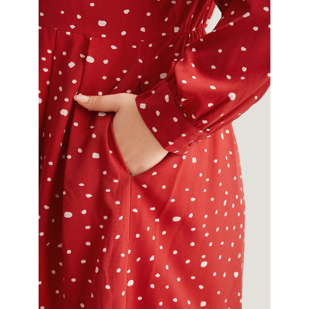 Plus Size Polka Dot Button Detail Pleated Dress Crimson Women Elegant Printed V-neck Long Sleeve Curvy Midi Dress BloomChic 26/4X Product Image