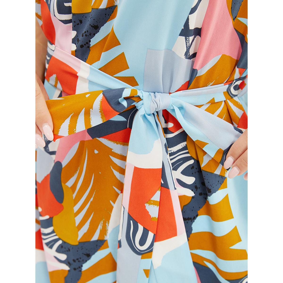 Plus Size Graphic Print Ruffles Hem Pocket Belt Pleated Tank Dress Multicolor Women Vacation Belted Square Neck Sleeveless Curvy Midi Dress BloomChic 28/5X Product Image