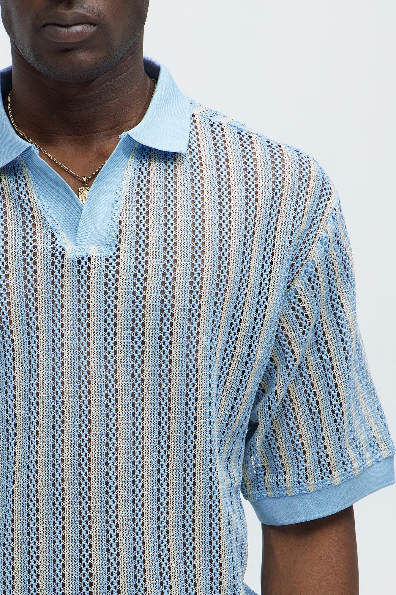 Striped Textured Johnny Collar Polo - Blue/combo Product Image