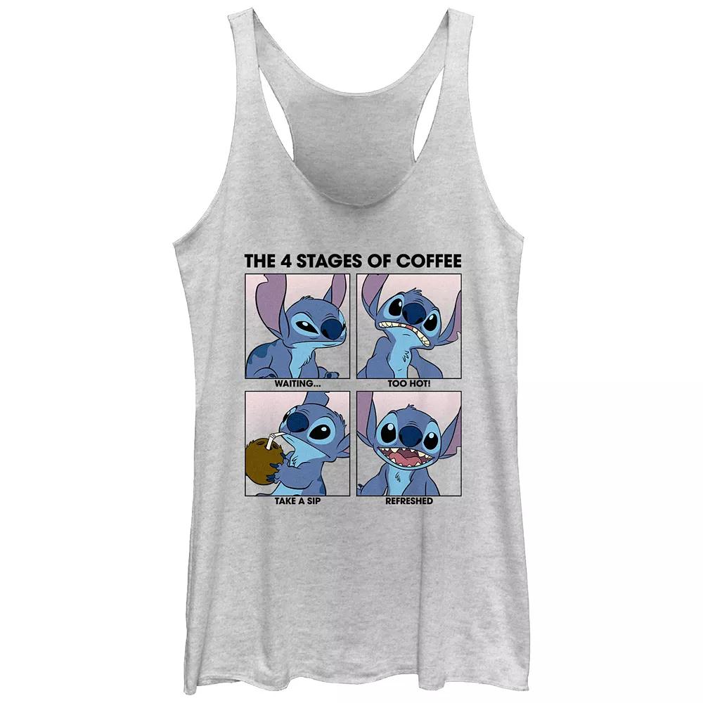 Disney's Lilo & Stitch Juniors' The Four Stages Of Coffee Racerback Graphic Tank, Women's, Size: Large, White Grey Product Image