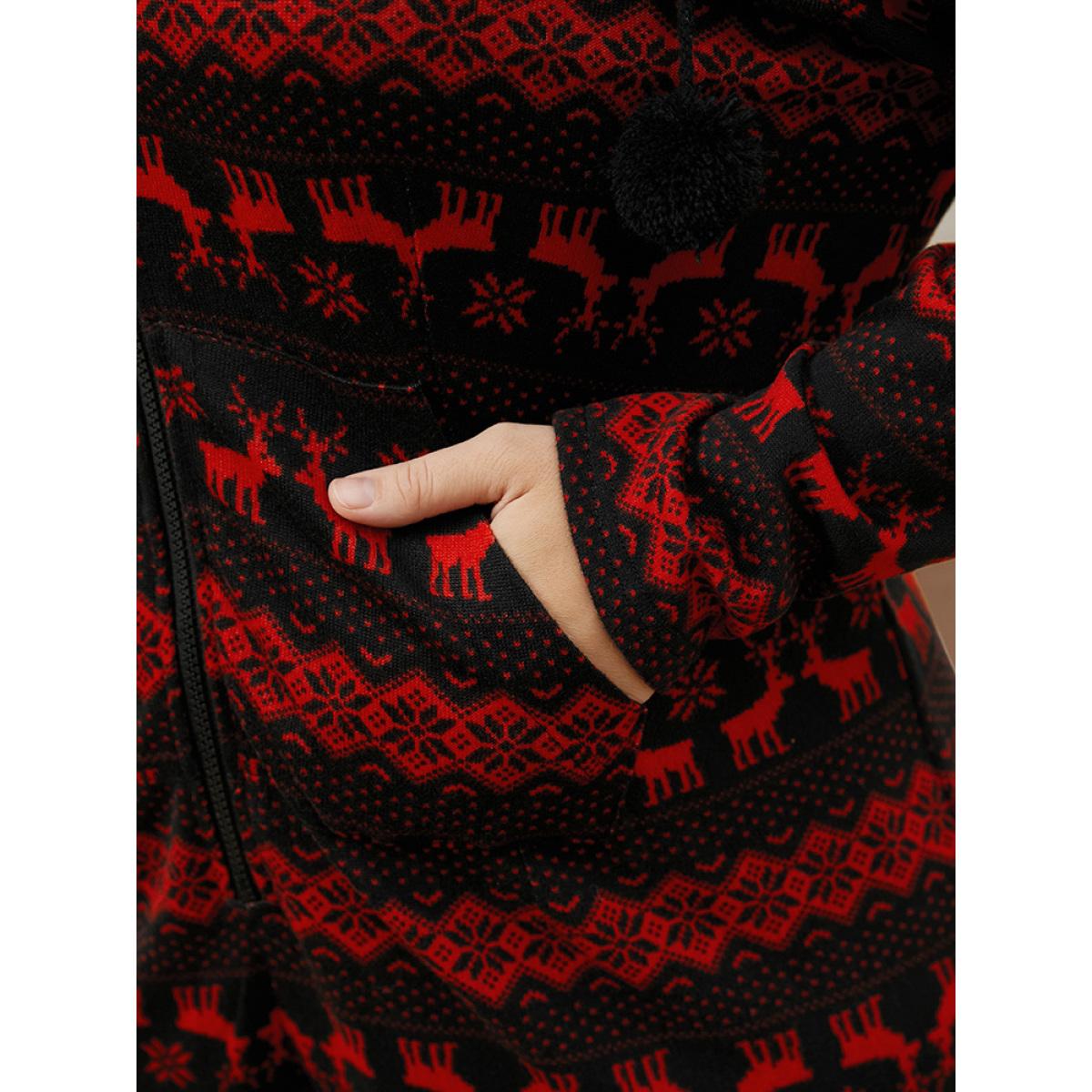 Plus Size Elk & Snowflake Print Pocket Drawstring Zipper Hooded Jumpsuit Women Scarlet Elegant Graphic-Halloween Zipper Hooded Pocket Loungewear BloomChic 14-16/1X Product Image