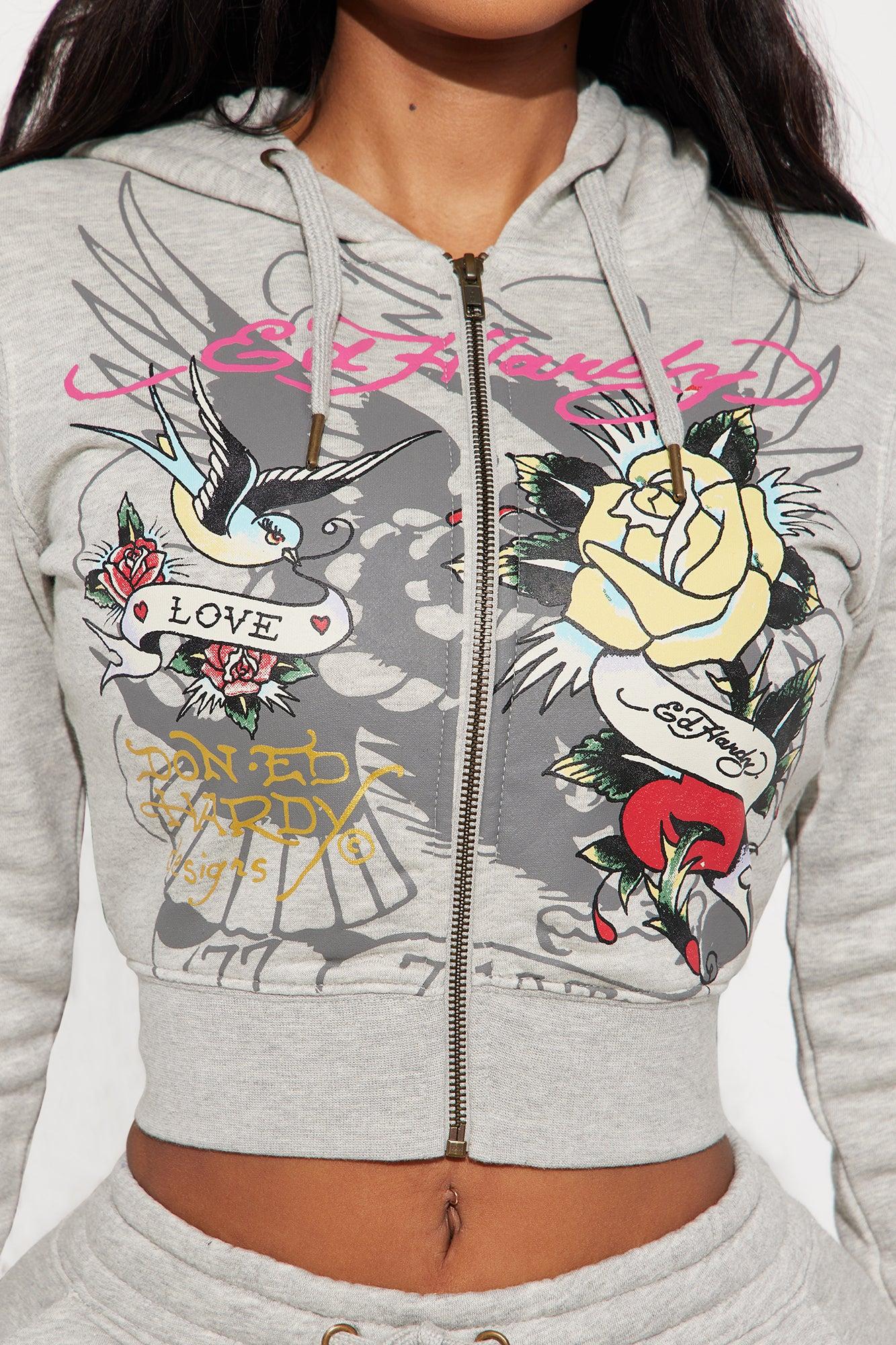 Ed Hardy Rose And Sword Zip Front Hoodie - Heather Grey Product Image