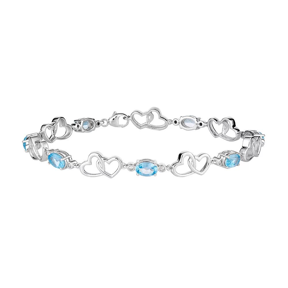 10k White Gold Swiss Blue Topaz & 1/6 Carat T.W. Diamond Double Heart Link Bracelet, Women's, Size: 7.5", 10k Whgold Product Image