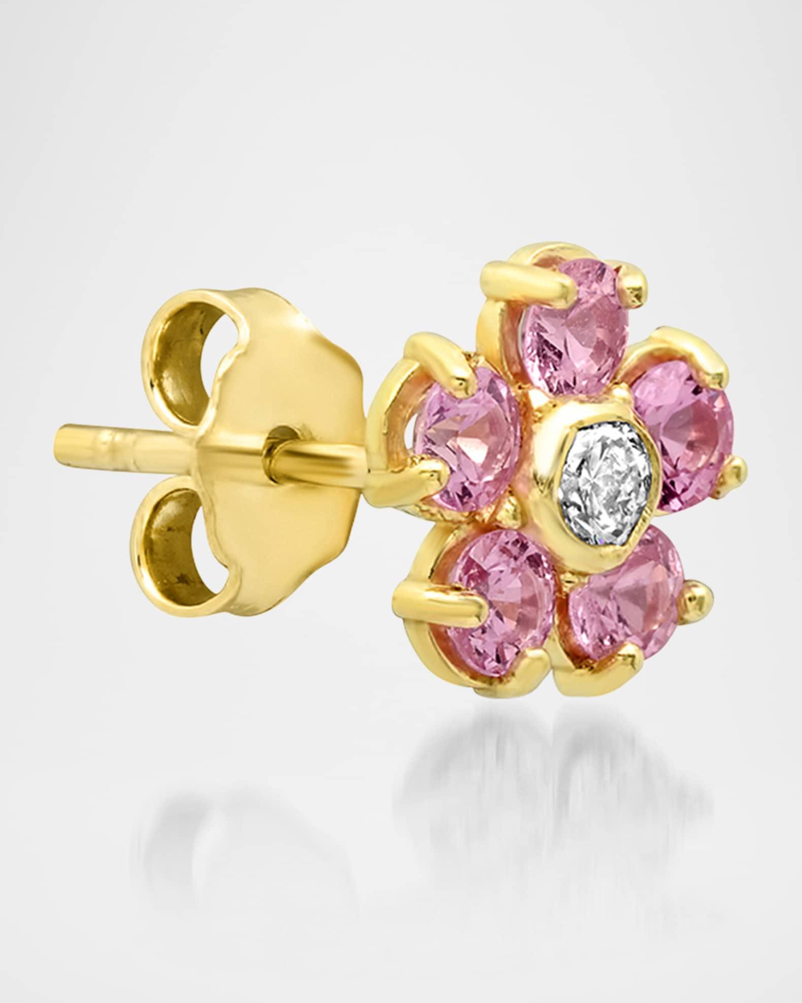 18K Yellow Gold Pink Sapphire and Diamond Flower Stud Earrings Product Image