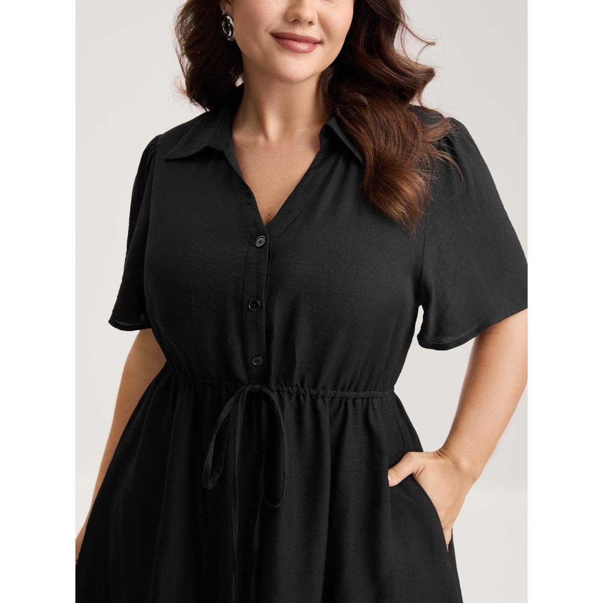 Plus Size Button Placket Waist-Tie Midi Dress Black Women Office Notched collar Short sleeve Curvy BloomChic 14-16/1X Product Image