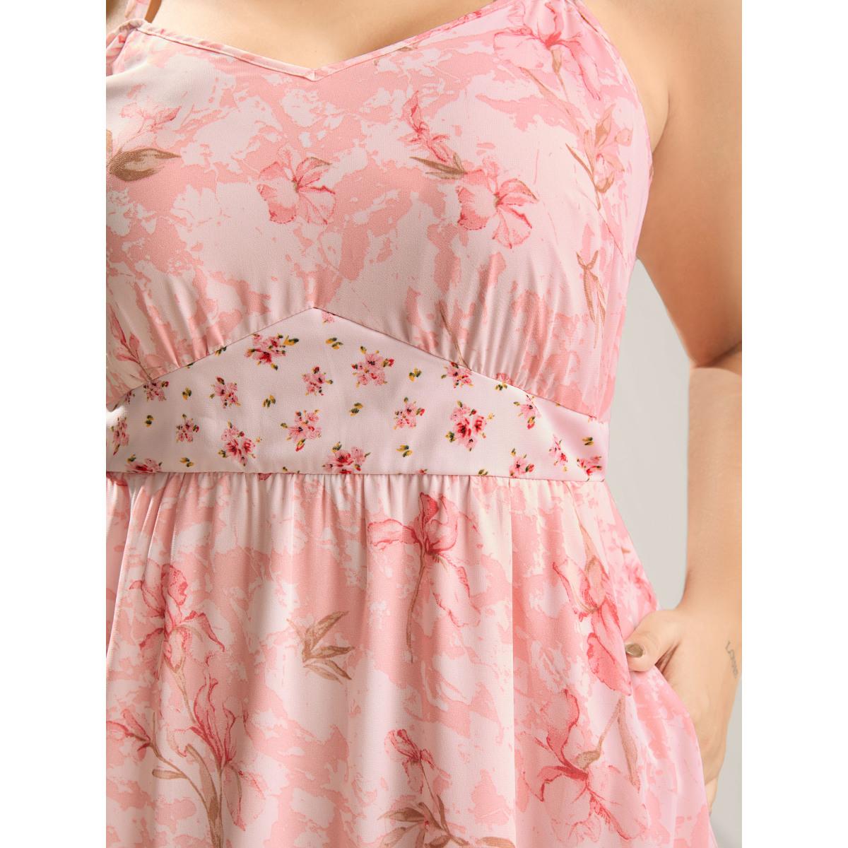 Plus Size Breezy Floral Print Spliced Maxi Dress Lightpink Women Heart neckline Sleeveless Curvy BloomChic 10/M Product Image