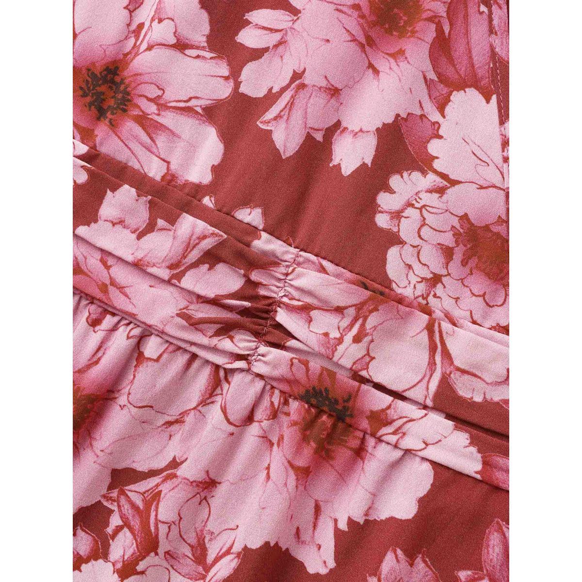 Plus Size Floral Overlap Collar Ruffle Trim Dress RedViolet Women Elegant Gathered Overlap Collar Long Sleeve Curvy BloomChic 22-24/3X Product Image