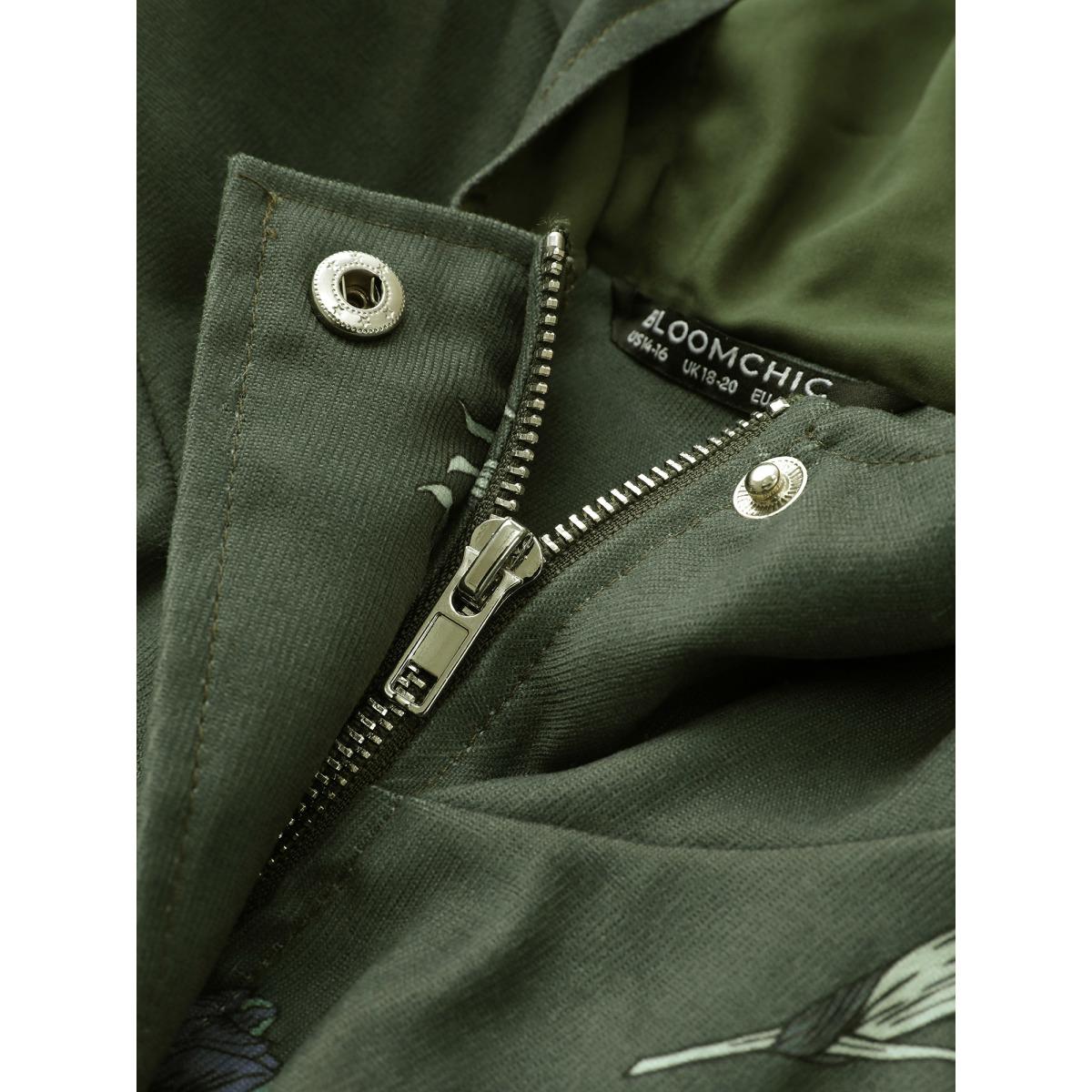 Plus Size Plants Drawstring Pocket Zipper Hooded Coat Women ArmyGreen Elegant Elastic cuffs Ladies Everyday Winter Coats BloomChic 22-24/3X Product Image