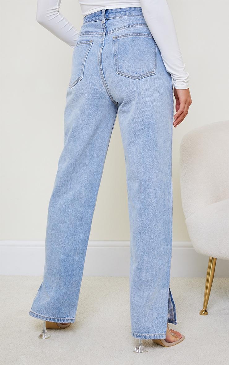 Petite Light Blue Wash Ripped Split Hem Straight Leg Jeans Product Image