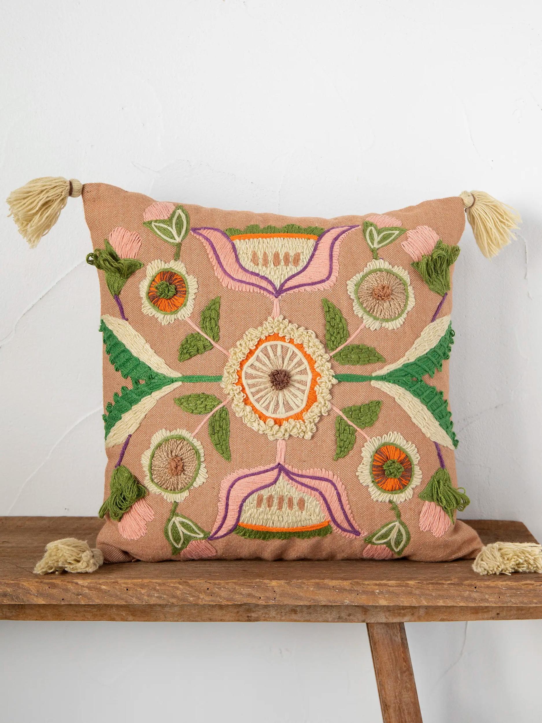 Cotton Patti Pillow - Embroidered Pink Flower Product Image