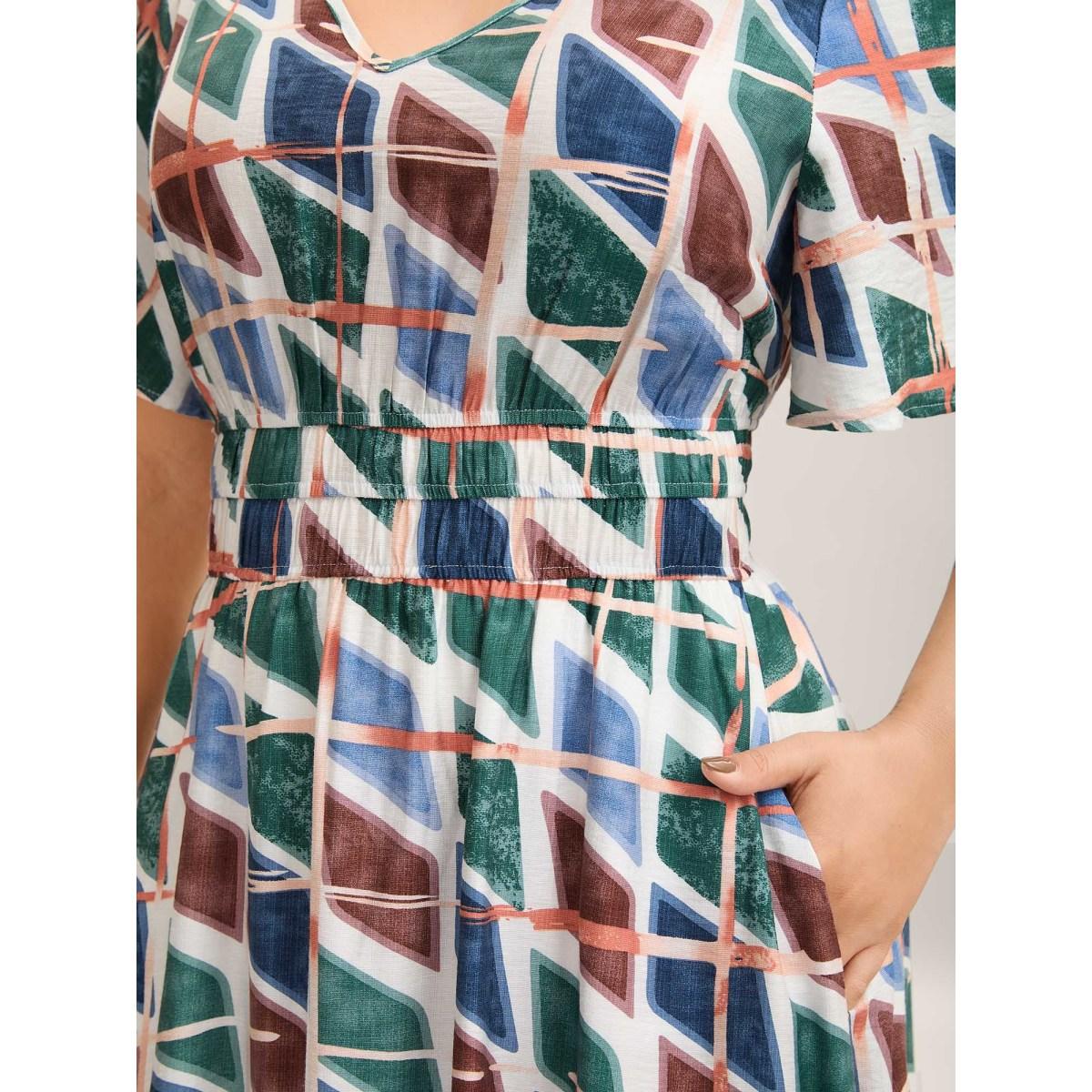 Plus Size Abstract Print Stretchy Waist Midi Dress Multicolor Women V-neck Short sleeve Curvy BloomChic 12/L Product Image