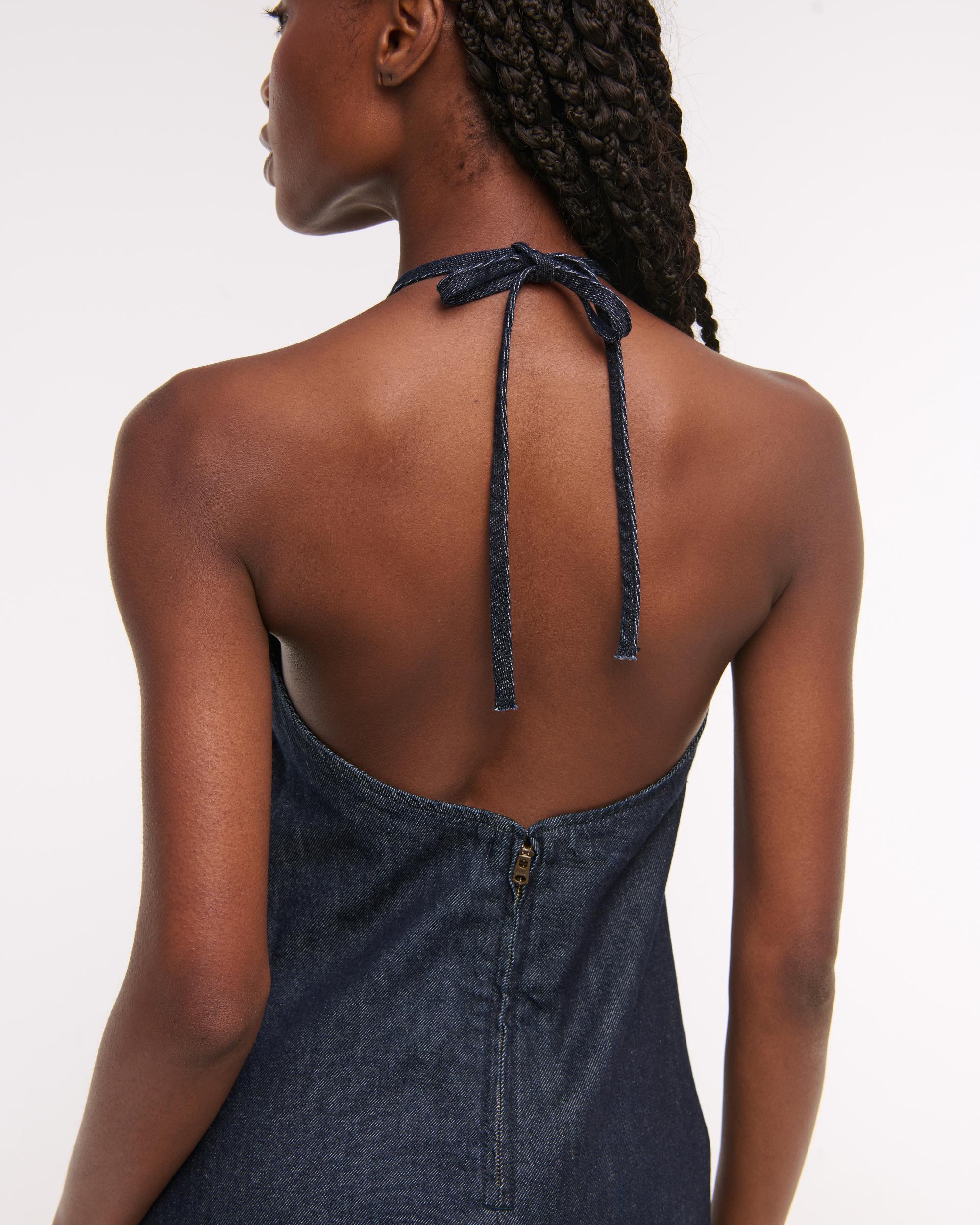 Open-Back Halter Denim Mini Dress Product Image