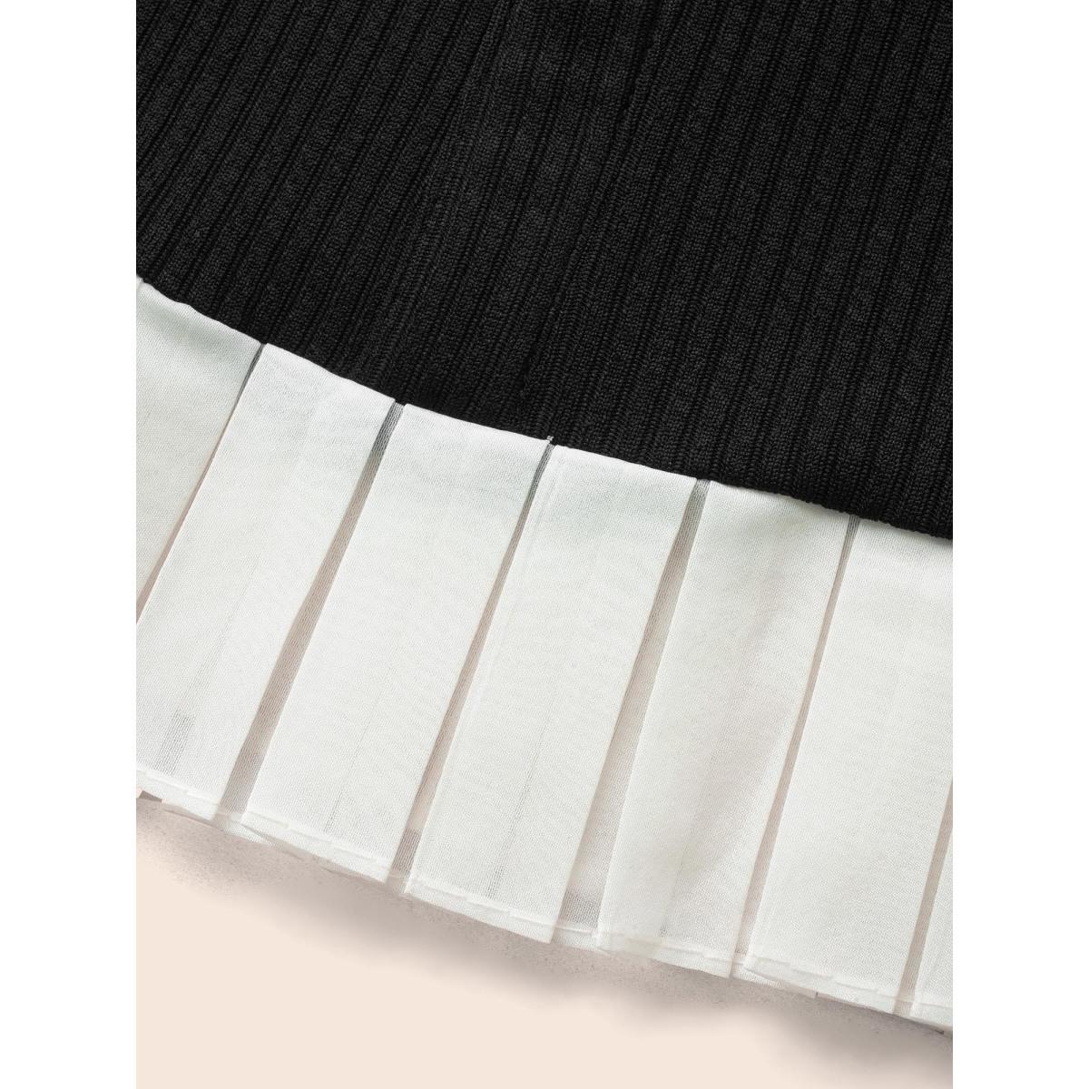 Plus Size Texture Patchwork Pleated Metal Detail Dress Black Women Elegant Texture Shirt collar Long Sleeve Curvy BloomChic 18-20/2X Product Image