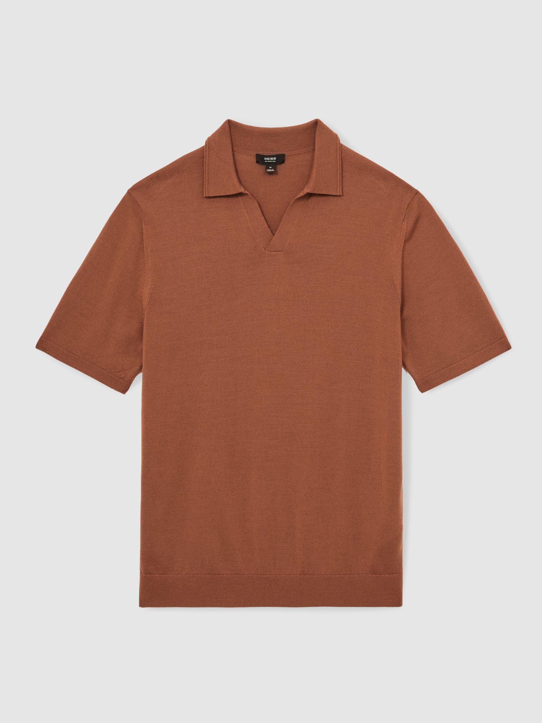 Merino Wool Open-Collar Polo Shirt in Cinnamon Brown Product Image
