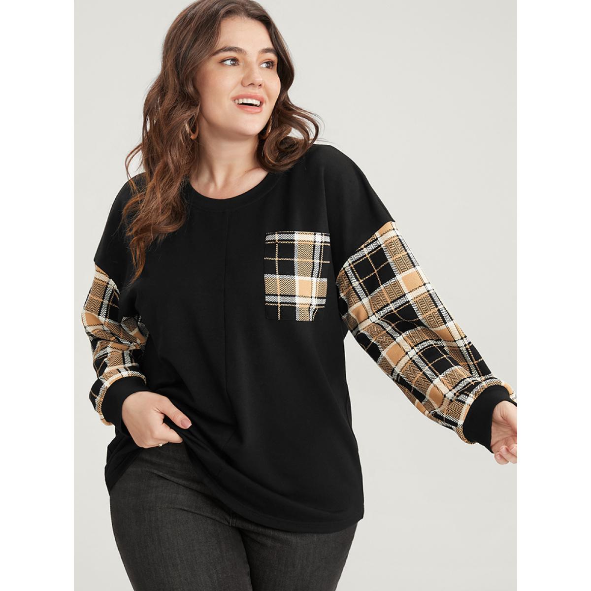 Plus Size Plaid Patchwork Pocket Round Neck Sweatshirt Women Black Casual Patchwork Round Neck Dailywear Sweatshirts BloomChic 10/M Product Image