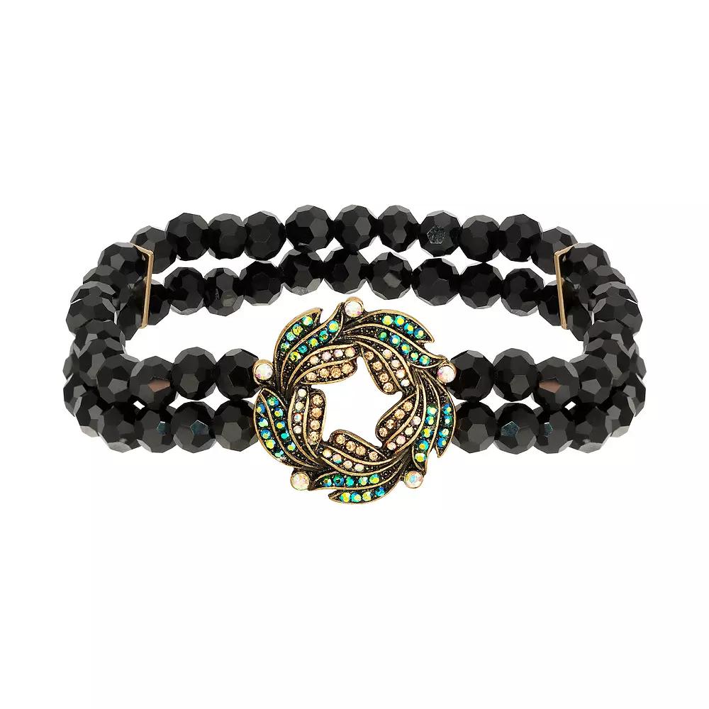 1928 Gold Tone Iridescent Glass Stone Wreath and Black Bead Bracelet, Womens Product Image