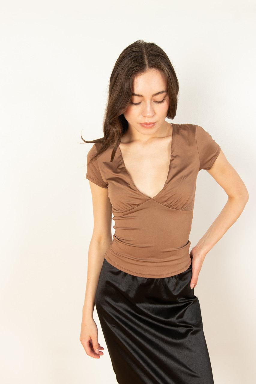 Brown Plunge V Neck Tee Product Image