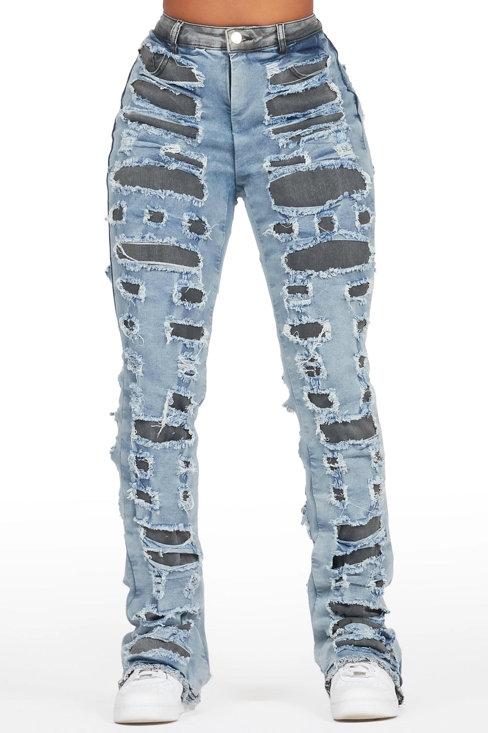 Jaidynn Blue/Black Distressed Stacked Flare Jean Female Product Image