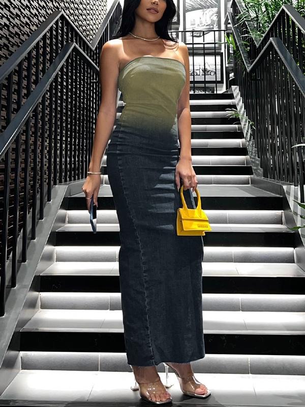 Back Zip Up Bandeau Denim Maxi Dress Product Image