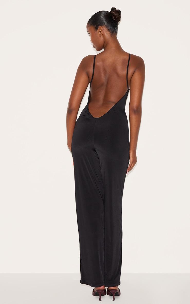 Black Double Layer Slinky Low Back Strappy Wide Leg Jumpsuit Product Image