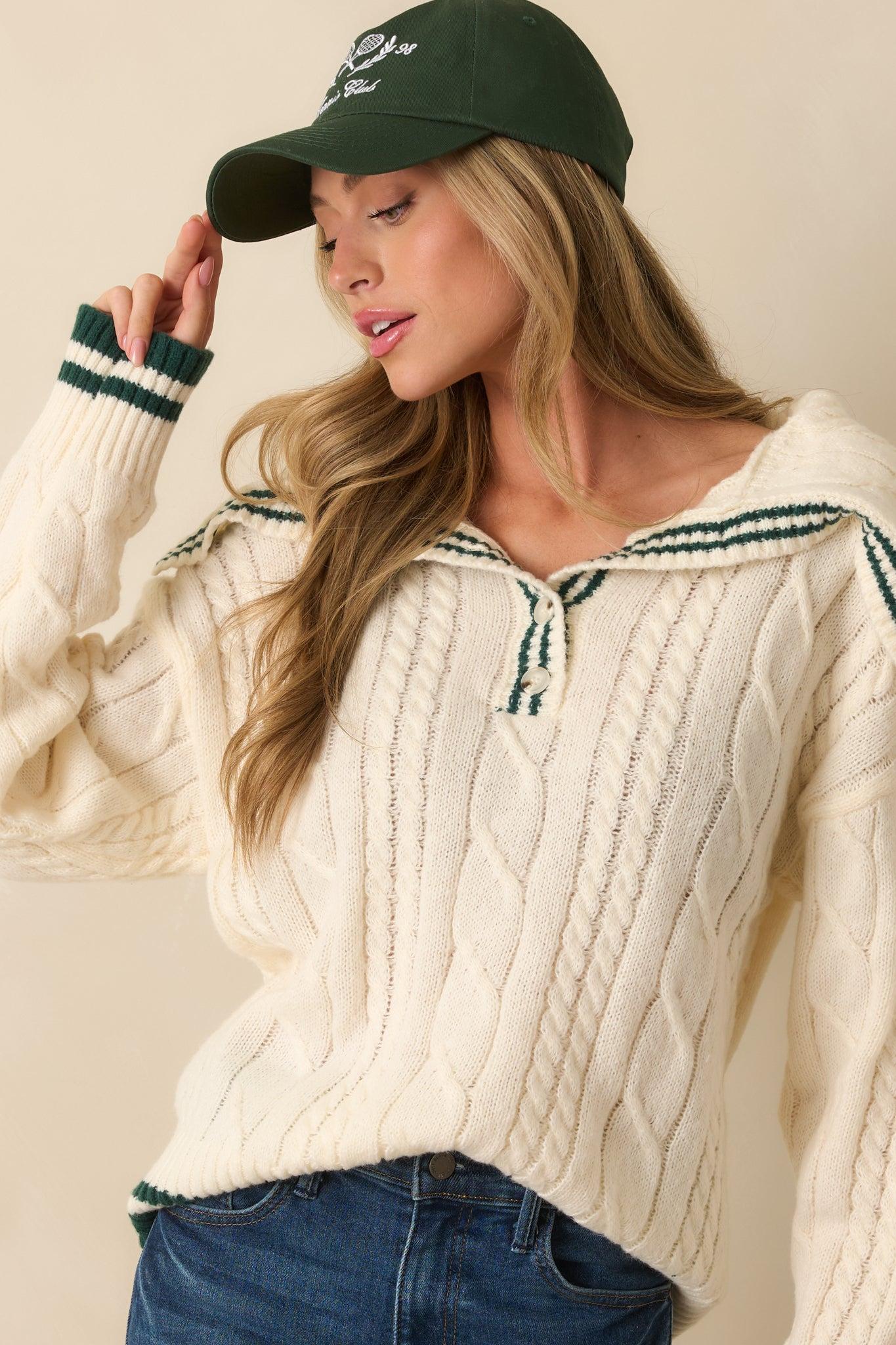 Just Going With It Ivory Cable Knit Contrast Trim Collared Sweater L / Ivory Product Image