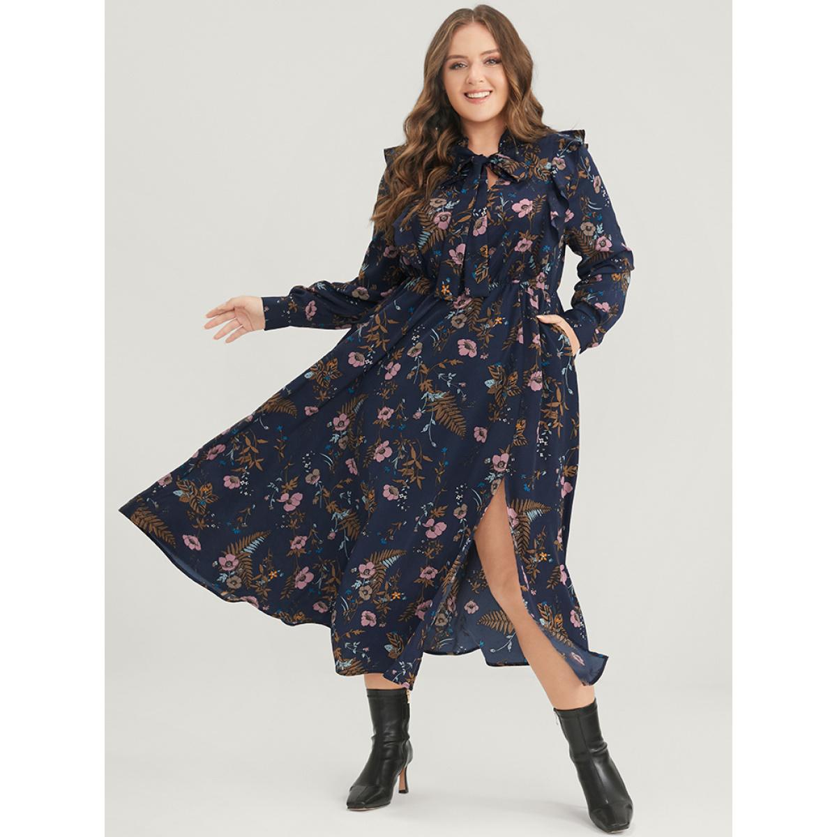 Plus Size Floral Pocket Knotted Neck Ruffle Trim Split Dress DarkBlue Women Elegant Knotted Tie Neck Long Sleeve Curvy Midi Dress BloomChic 18-20/2X Product Image