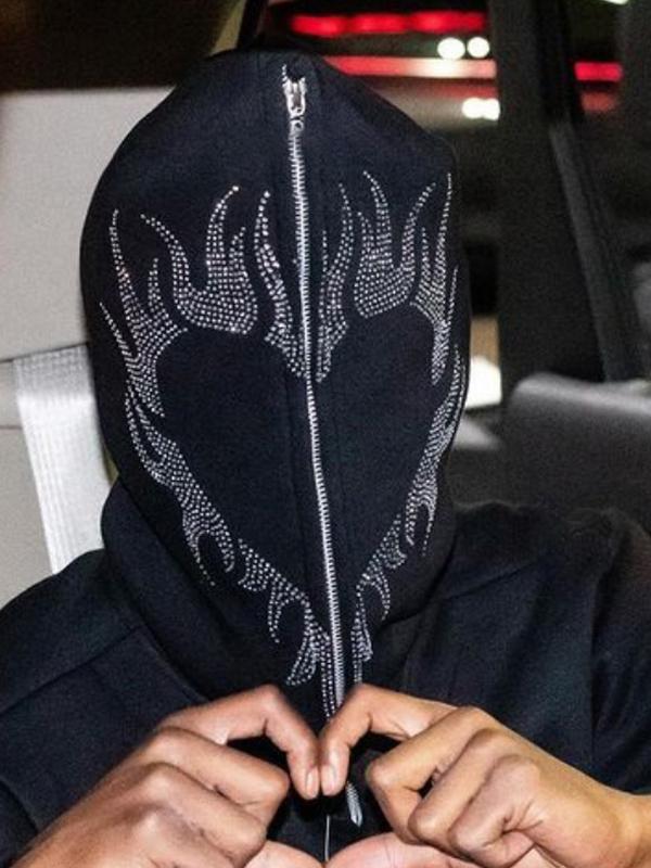 Men's Street Rhinestone Print Full Zip Oversized Hoodie Product Image