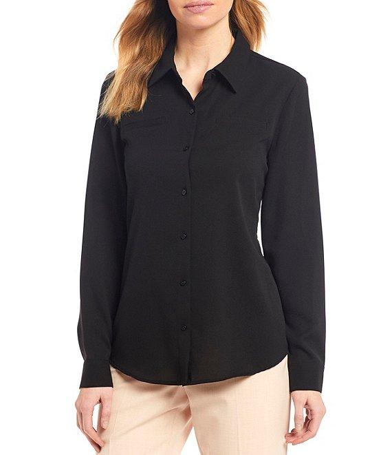 Alex Marie Piper Lightweight Soft Crepe de Chine Point Collar Long Sleeve Button Front Top Product Image