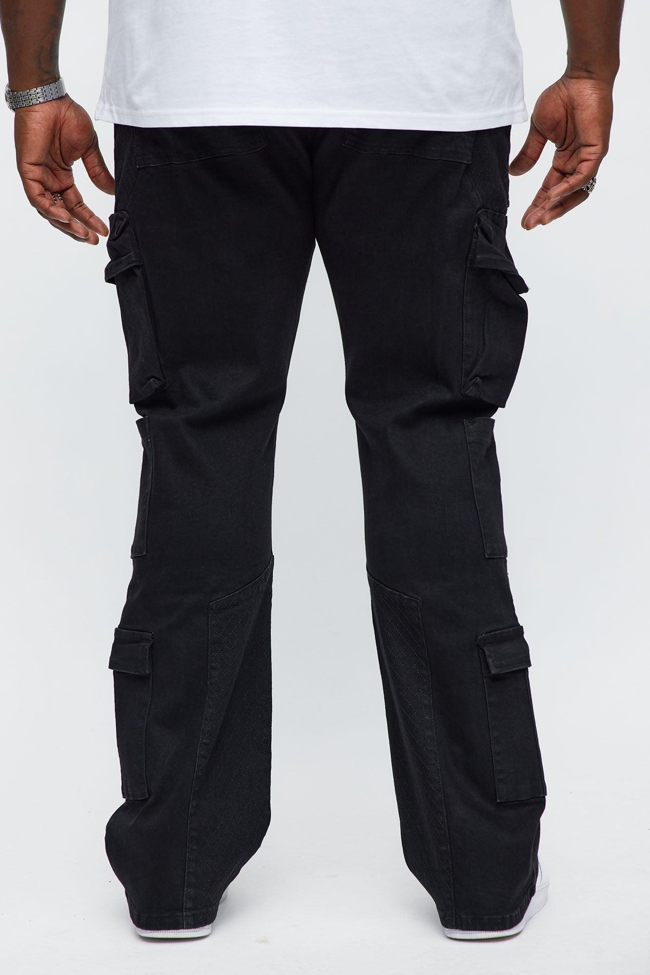 Stacked Slim Flare Rebel Stitch Cargo Jeans - Black Male Product Image